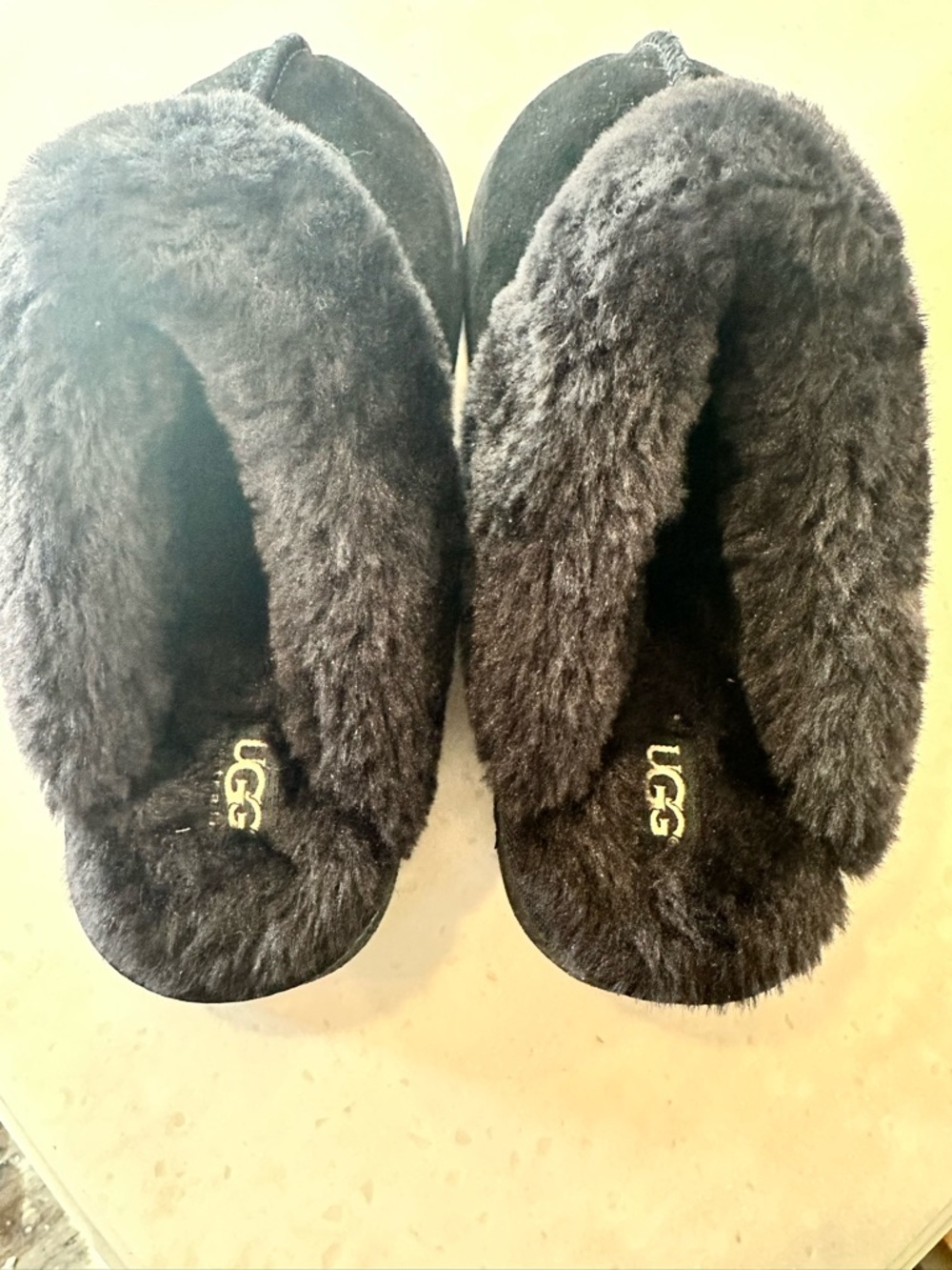 UGG Black Plush Shearling Slip-On Slippers